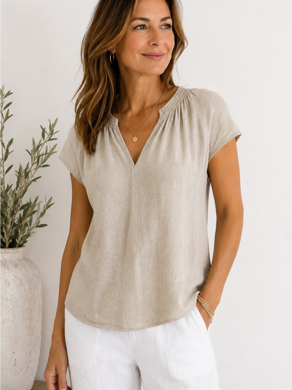Chico’s 100% Linen Beige Cap Sleeve VNeck Top Size 2 Large